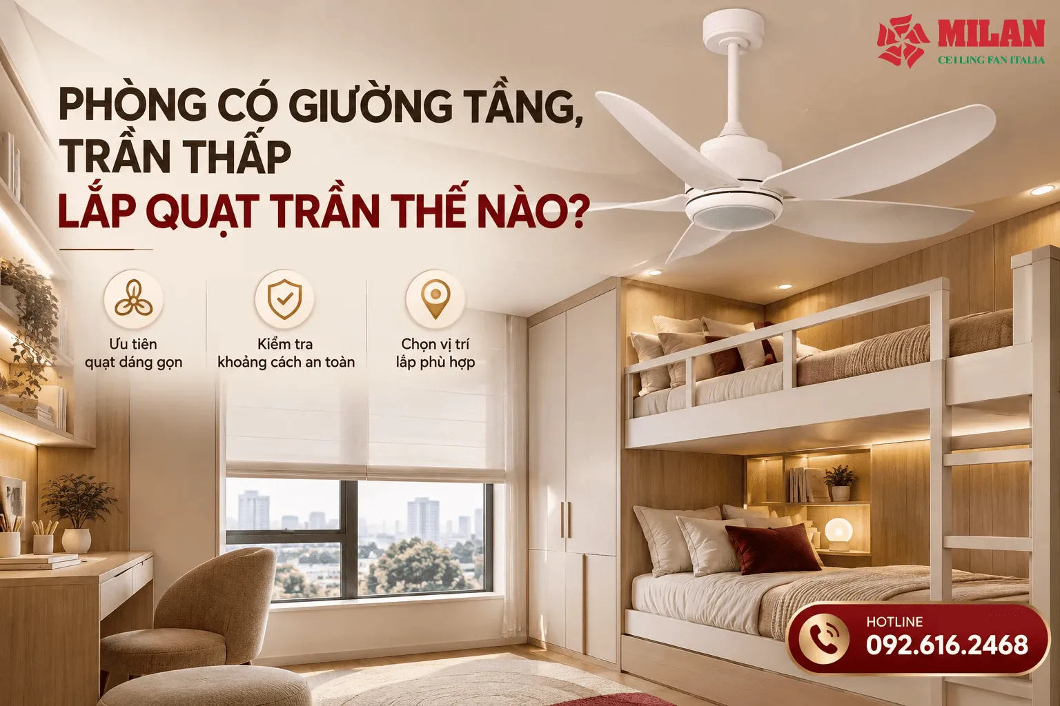 lắp quạt trần cho trần thấp, giường tầng